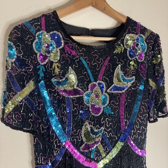 Vintage Swee Lo Dress Womens Small Black Sequin Beaded Cocktail Short Sleeve 90s - Picture 5 of 13